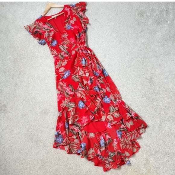 WAYF Clara Wrap Dress Botanical Red Print Floral High Low Ruffle Hem Size Medium - Picture 13 of 16